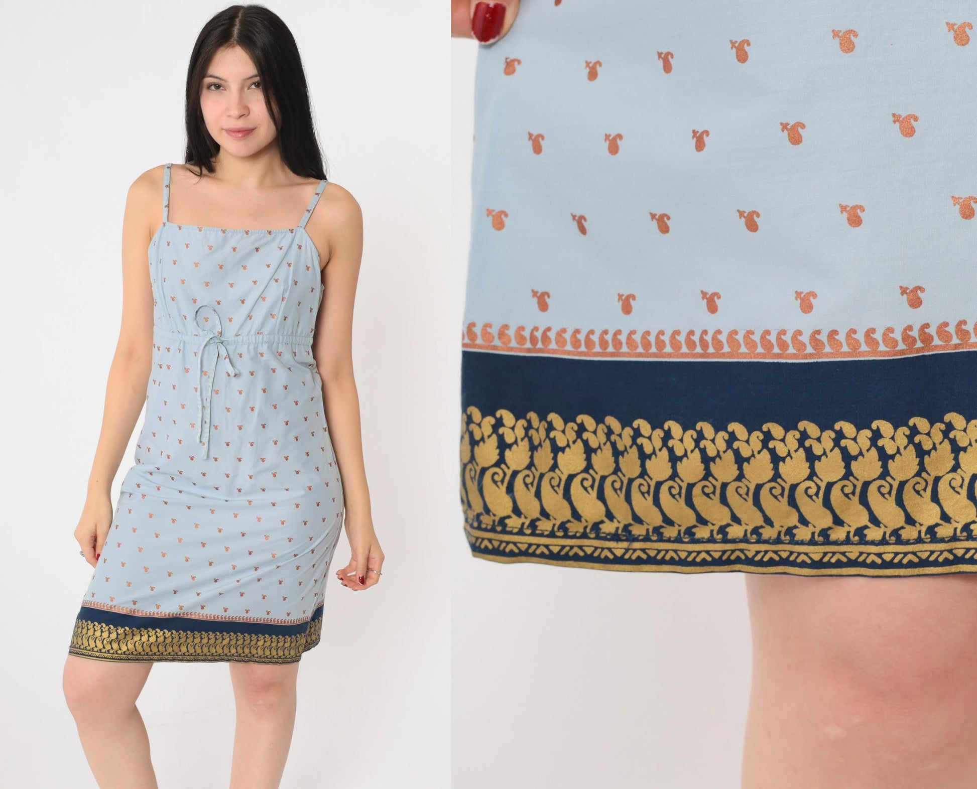 Y2K Metallic Paisley Sundress Light Blue Spaghetti Strap Mini Small