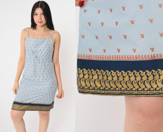 Y2K Metallic Paisley Sundress Light Blue Spaghetti Strap Mini Small