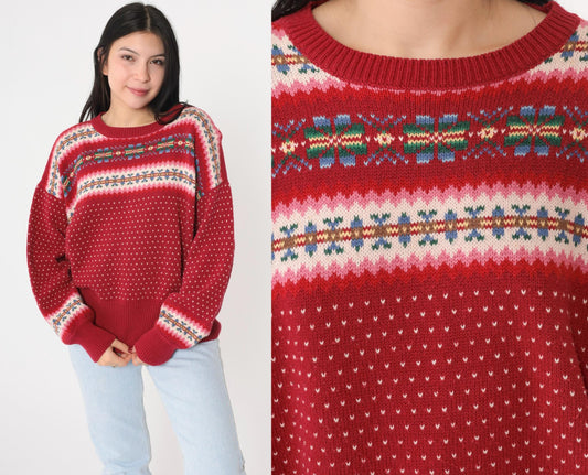 90s Susan Bristol Fair Isle Sweater Striped Snowflake Knit Medium