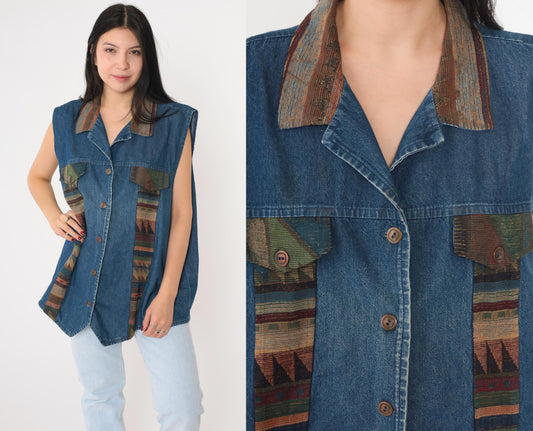 90s Southwestern Denim Vest Blue Tapestry Button Up Cotton Plus Size XXL