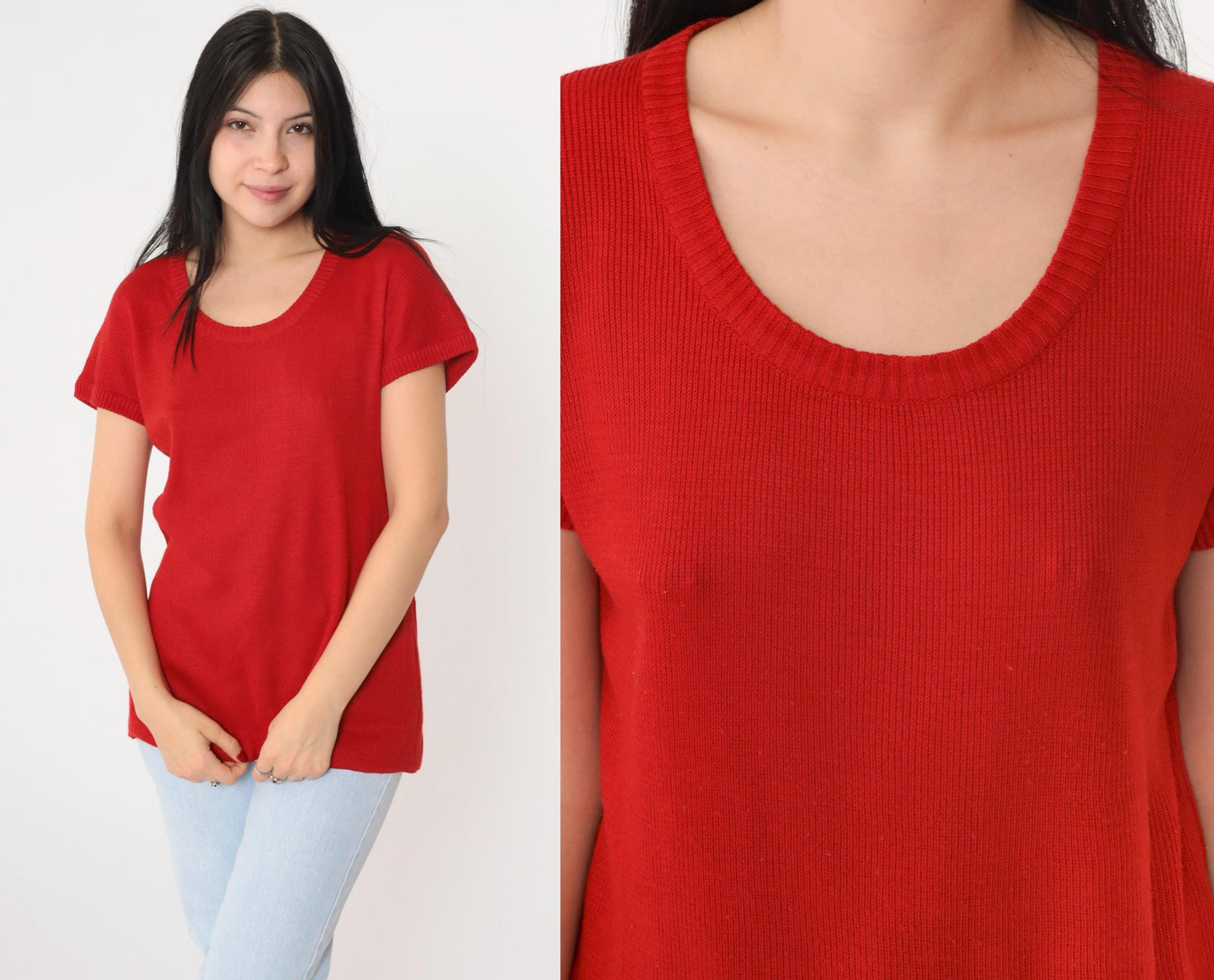 80s Red Ribbed Knit Scoop Neck Longline Top Short Sleeve Small