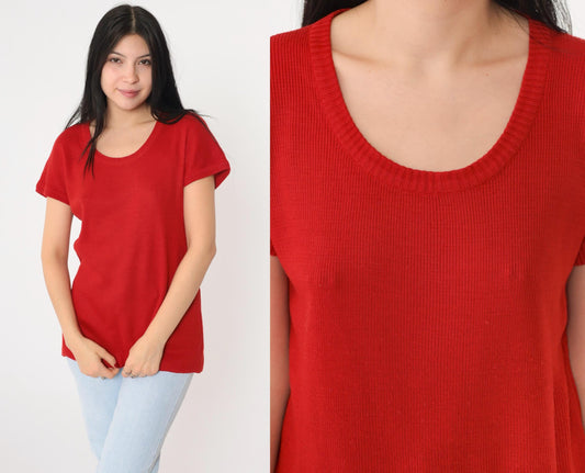 80s Red Ribbed Knit Scoop Neck Longline Top Short Sleeve Small
