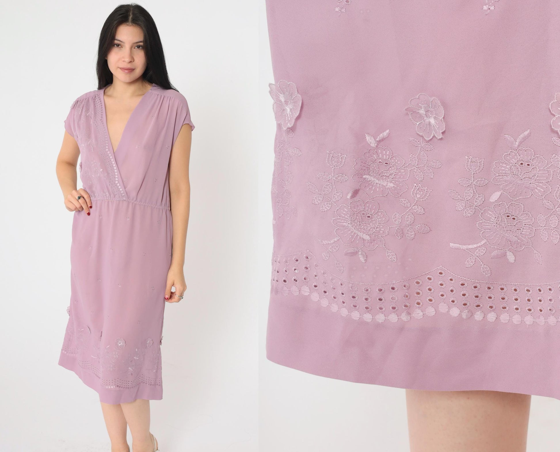 70s Lavender Floral Embroidered Wrap Dress Midi V-Neck Cap Sleeve Medium
