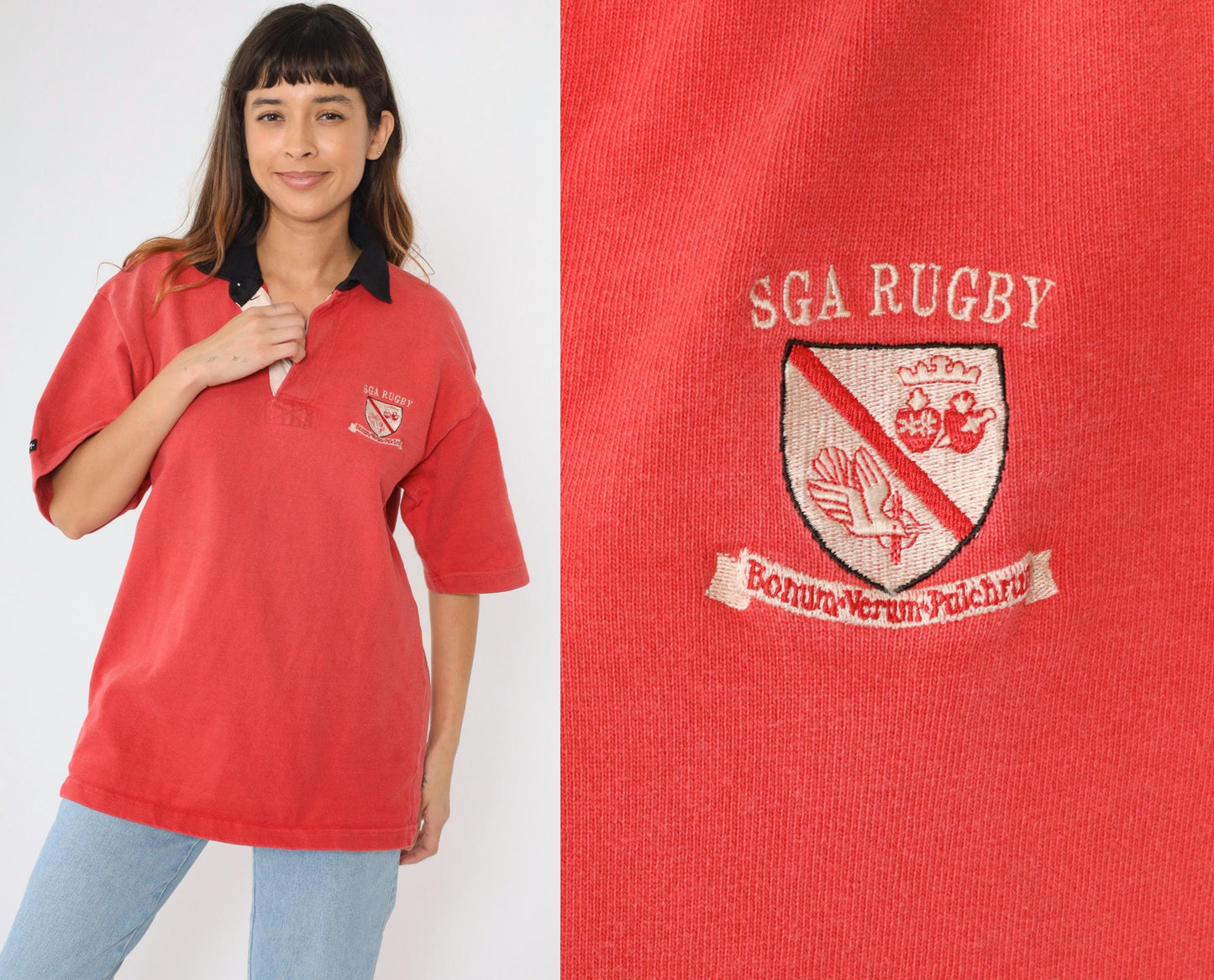 Y2K Barbarian Rugby Shirt SGA Crest Red Cotton Polo Large L