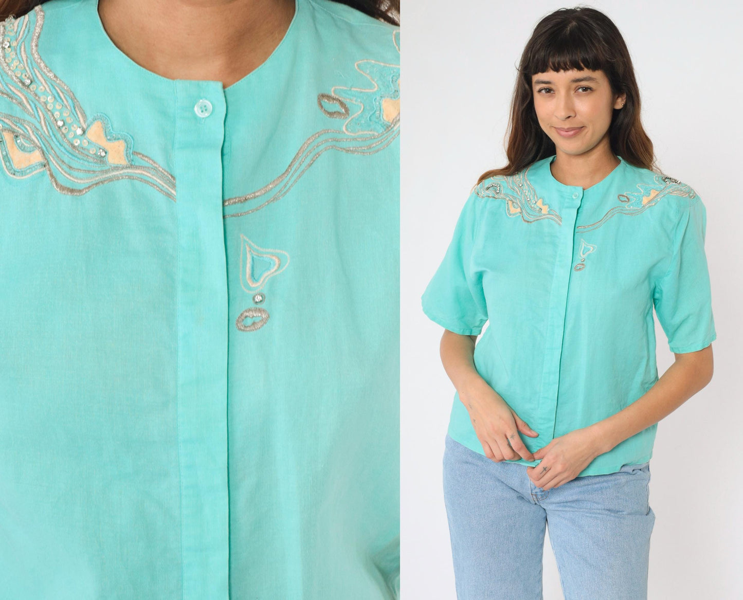 90s Aqua Sequin Rhinestone Embroidered Button Up Blouse Short Sleeve Medium M