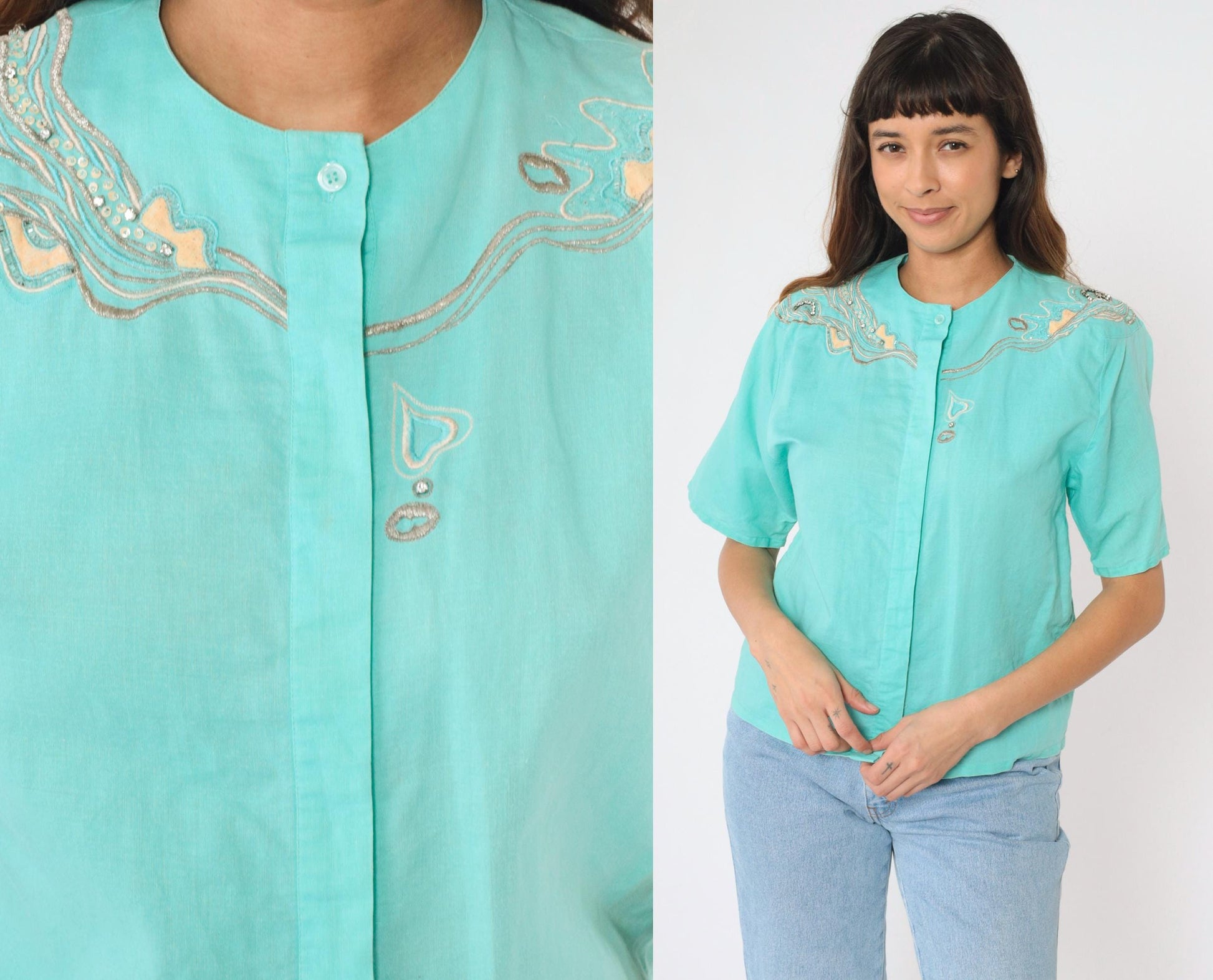 90s Aqua Sequin Rhinestone Embroidered Button Up Blouse Short Sleeve Medium M