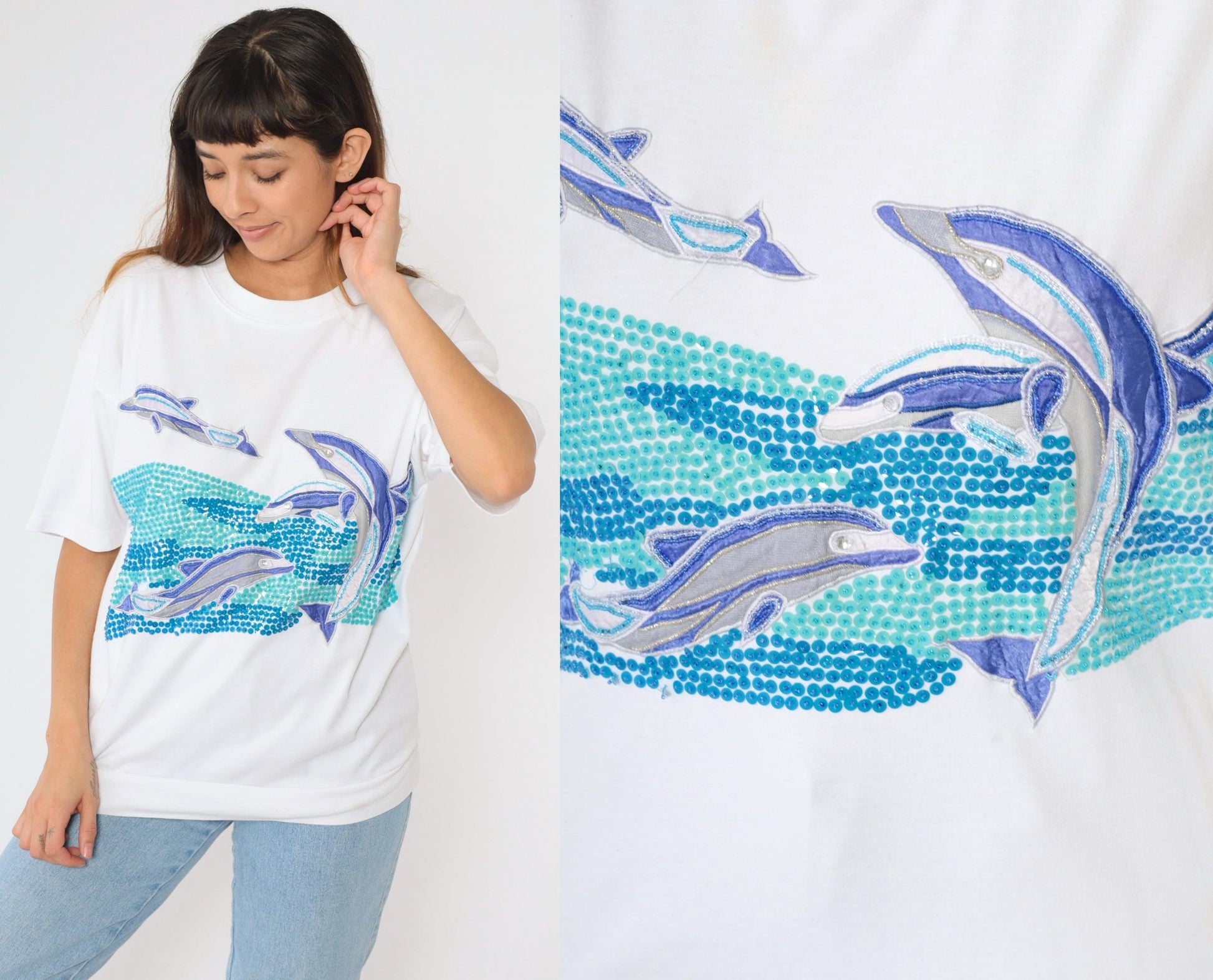 90s Sequin Dolphin Graphic T-Shirt Embroidered Rhinestone White Medium M