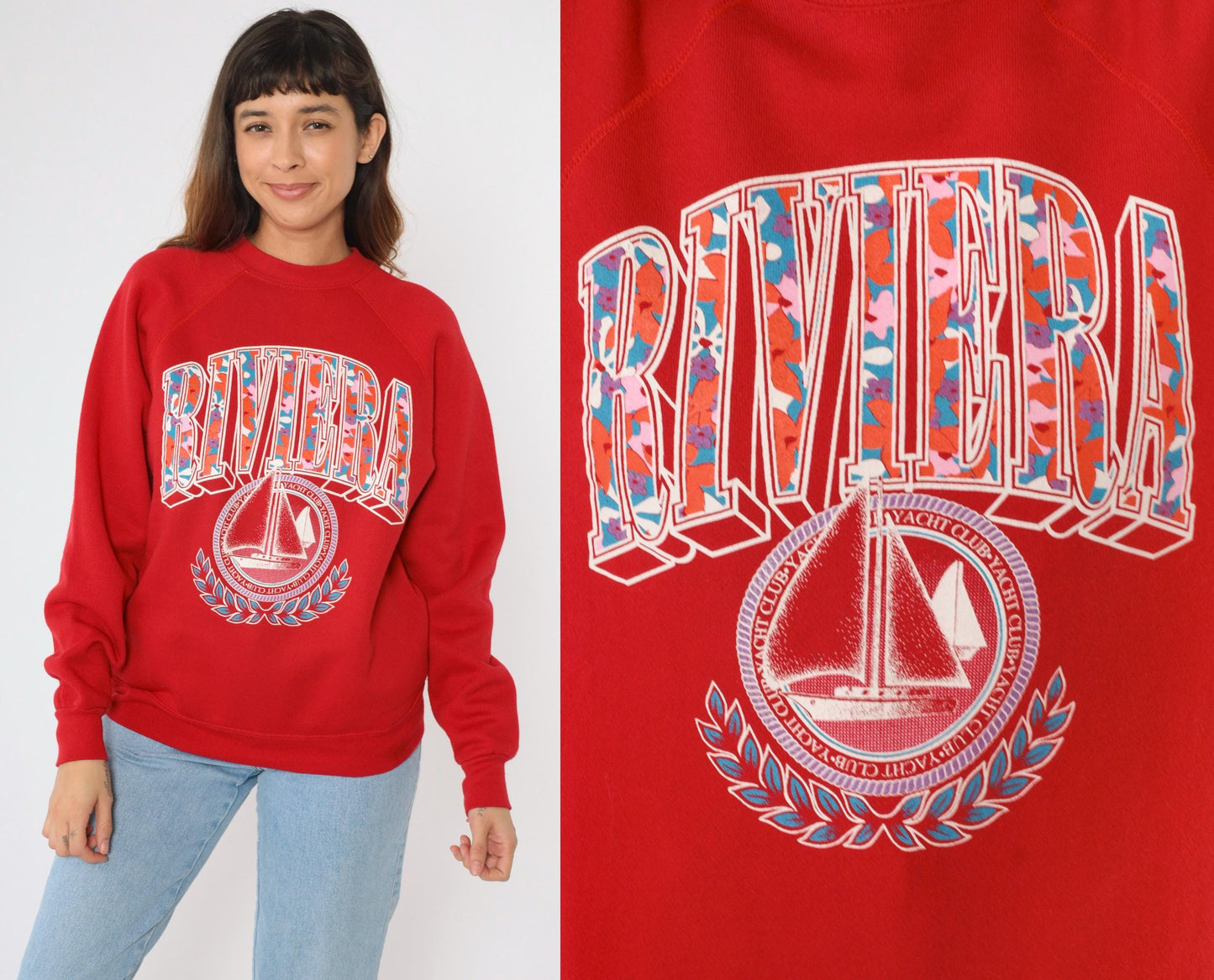 90s Riviera Yacht Club Sailboat Sweatshirt Red Raglan Crewneck Medium