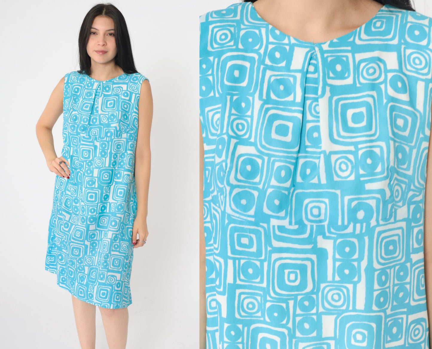 60s Mod Shift Dress Blue Geometric Print Sleeveless Knee-Length Large L