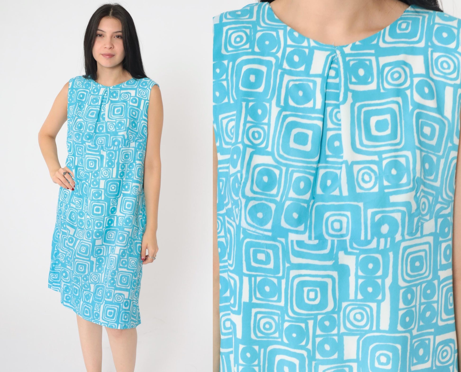 60s Mod Shift Dress Blue Geometric Print Sleeveless Knee-Length Large L