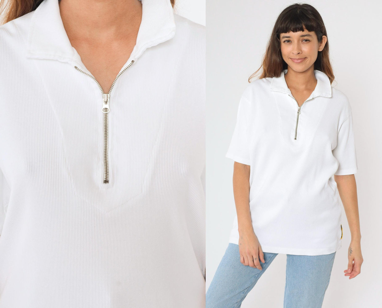 Y2K Ralph Lauren Polo Jeans Quarter-Zip Ribbed Shirt White Cotton Large L