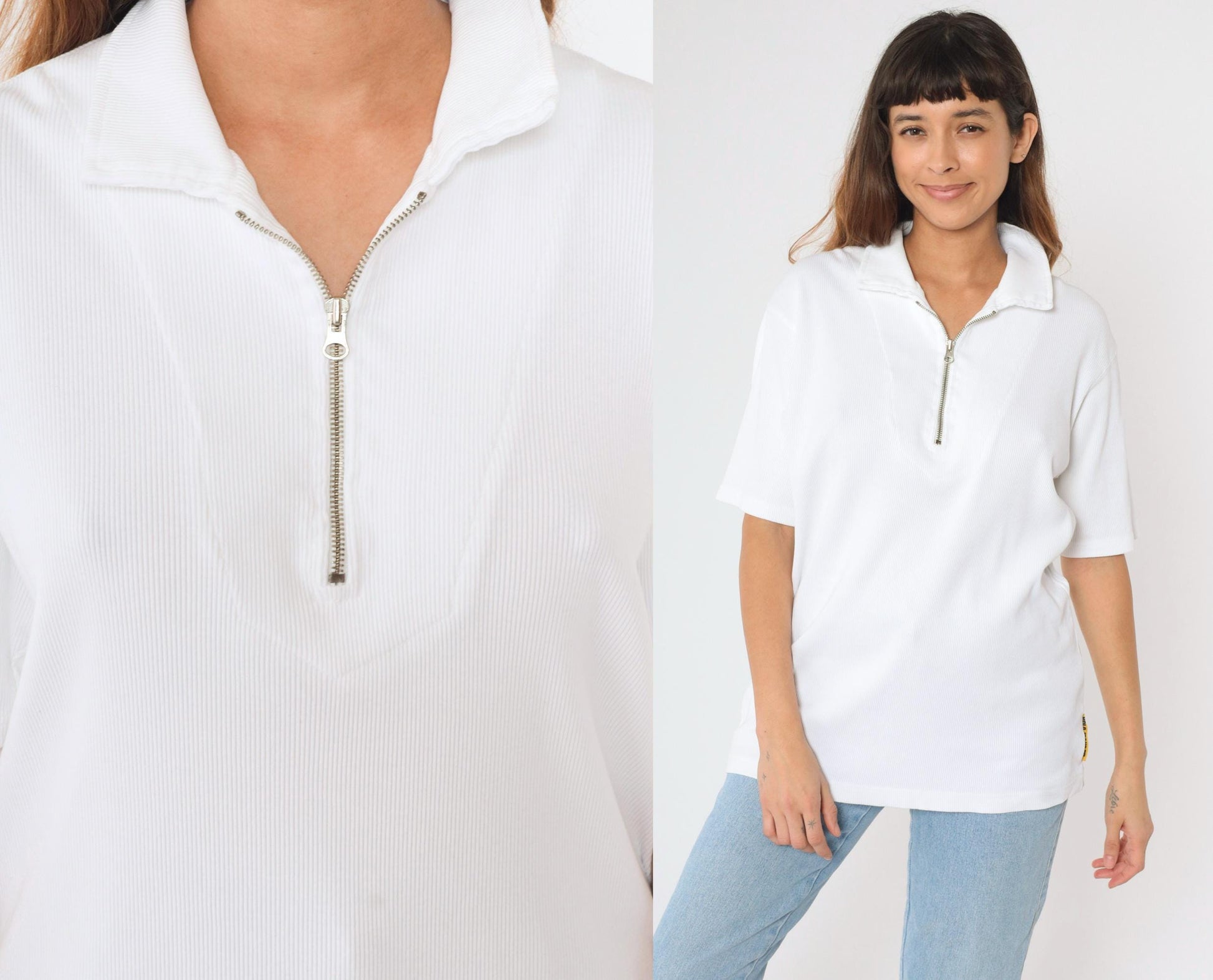 Y2K Ralph Lauren Polo Jeans Quarter-Zip Ribbed Shirt White Cotton Large L