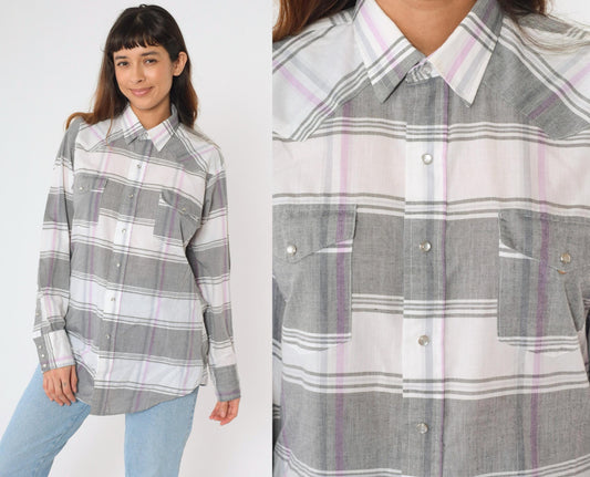 80s Gold Collection by Karman Western Shirt Pearl Snap Plaid Grey Large