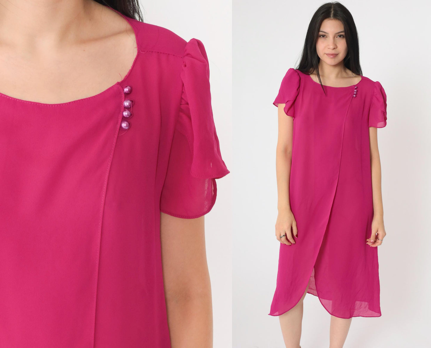 80s Fuchsia Chiffon Shift Dress Puff Sleeve Semi-Sheer Medium