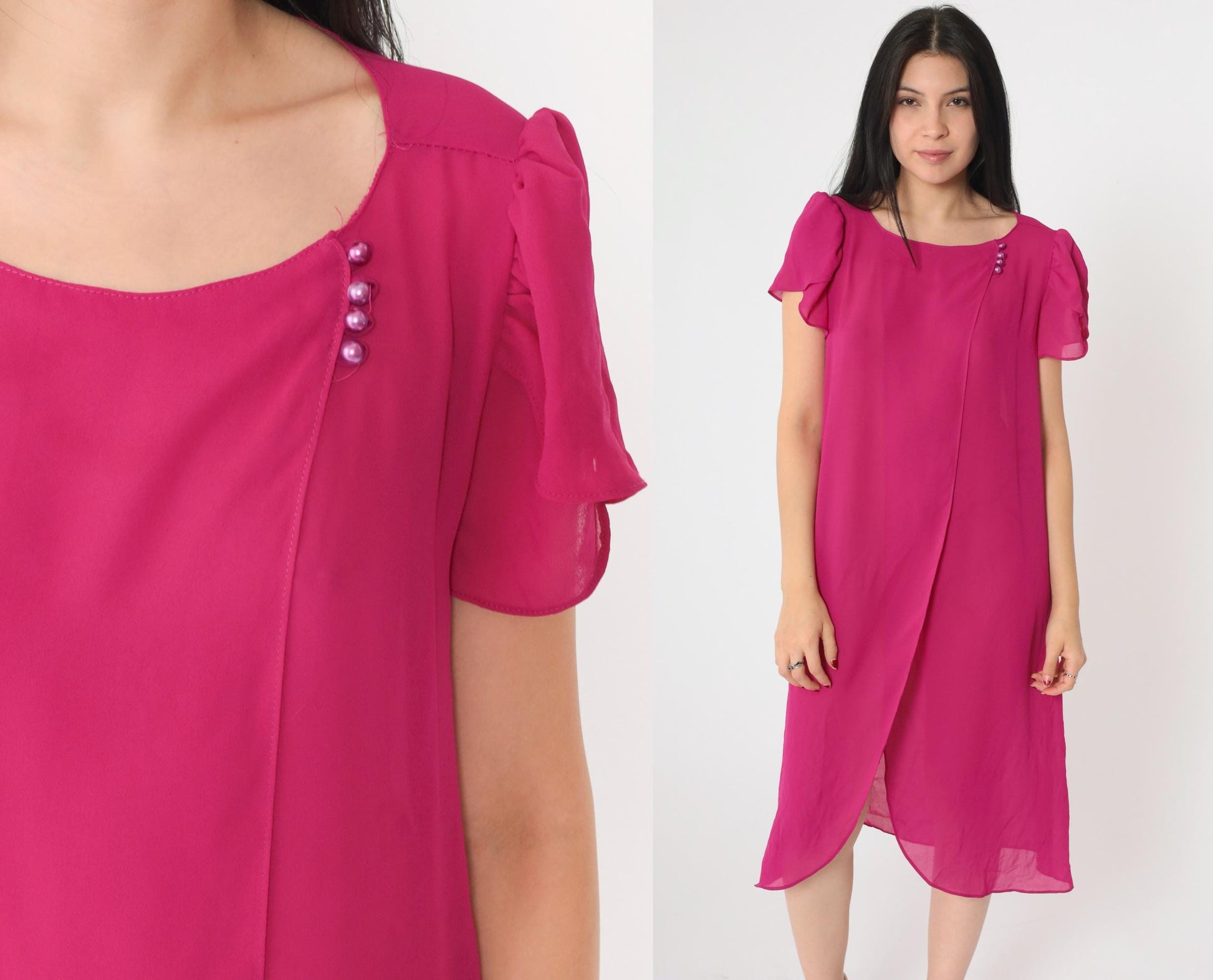 80s Fuchsia Chiffon Shift Dress Puff Sleeve Semi-Sheer Medium