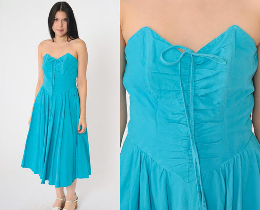 80s Turquoise Strapless Sweetheart Midi Dress Smocked Ruched Cotton Medium