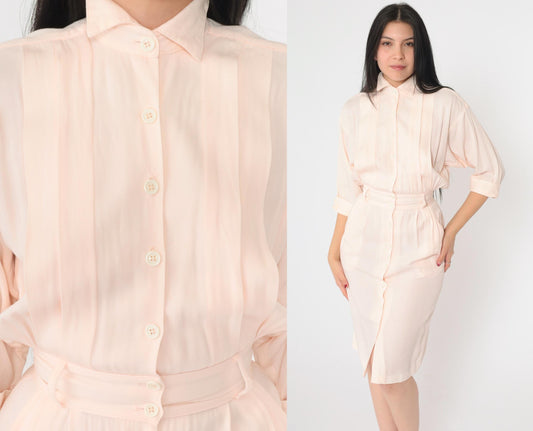 80s Peach Pink Button-Up Midi Dress Cuffed 3/4 Sleeve Pencil Cut XXS