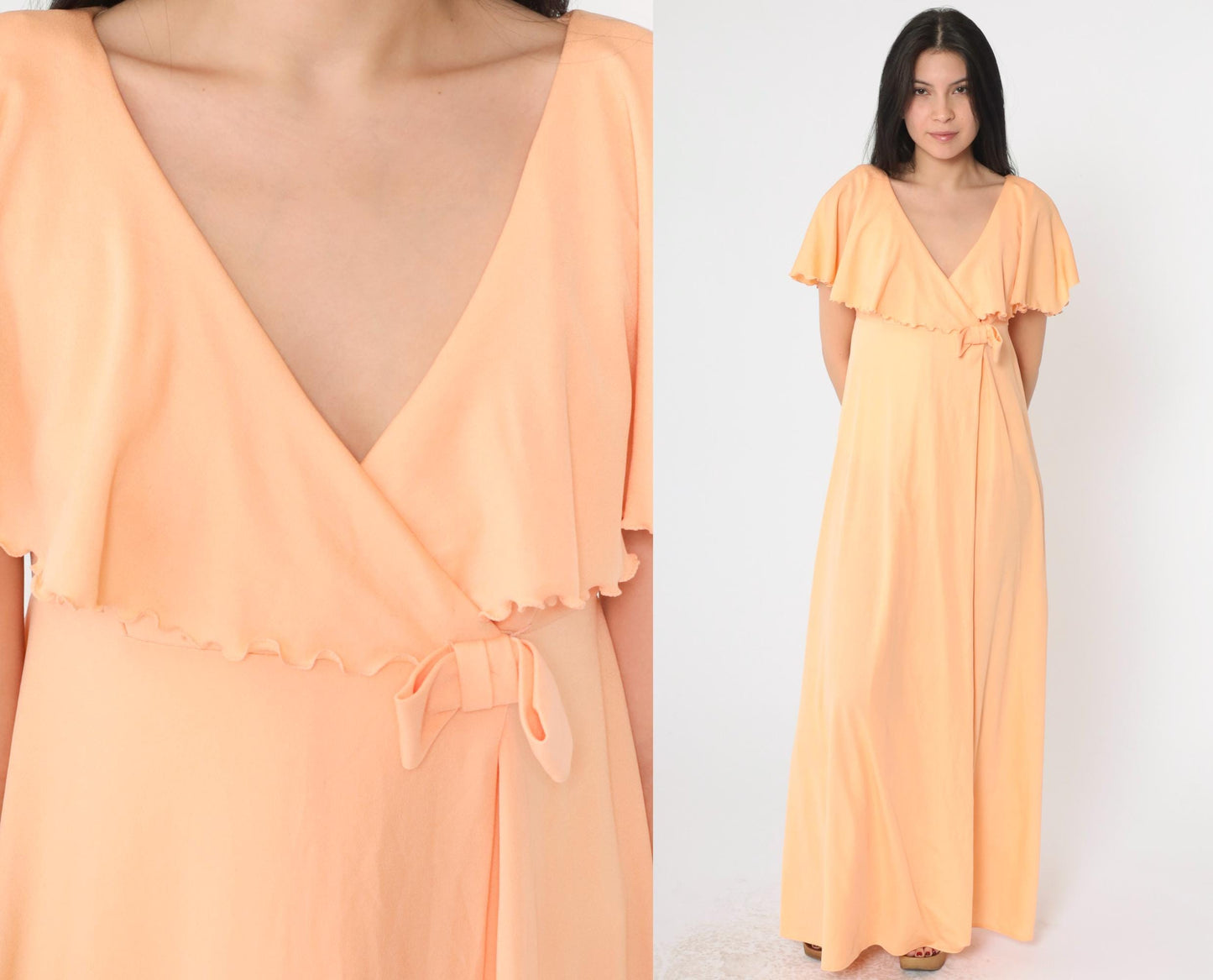70s Peach Grecian Maxi Dress Empire Waist Capelet Flutter Sleeve Medium