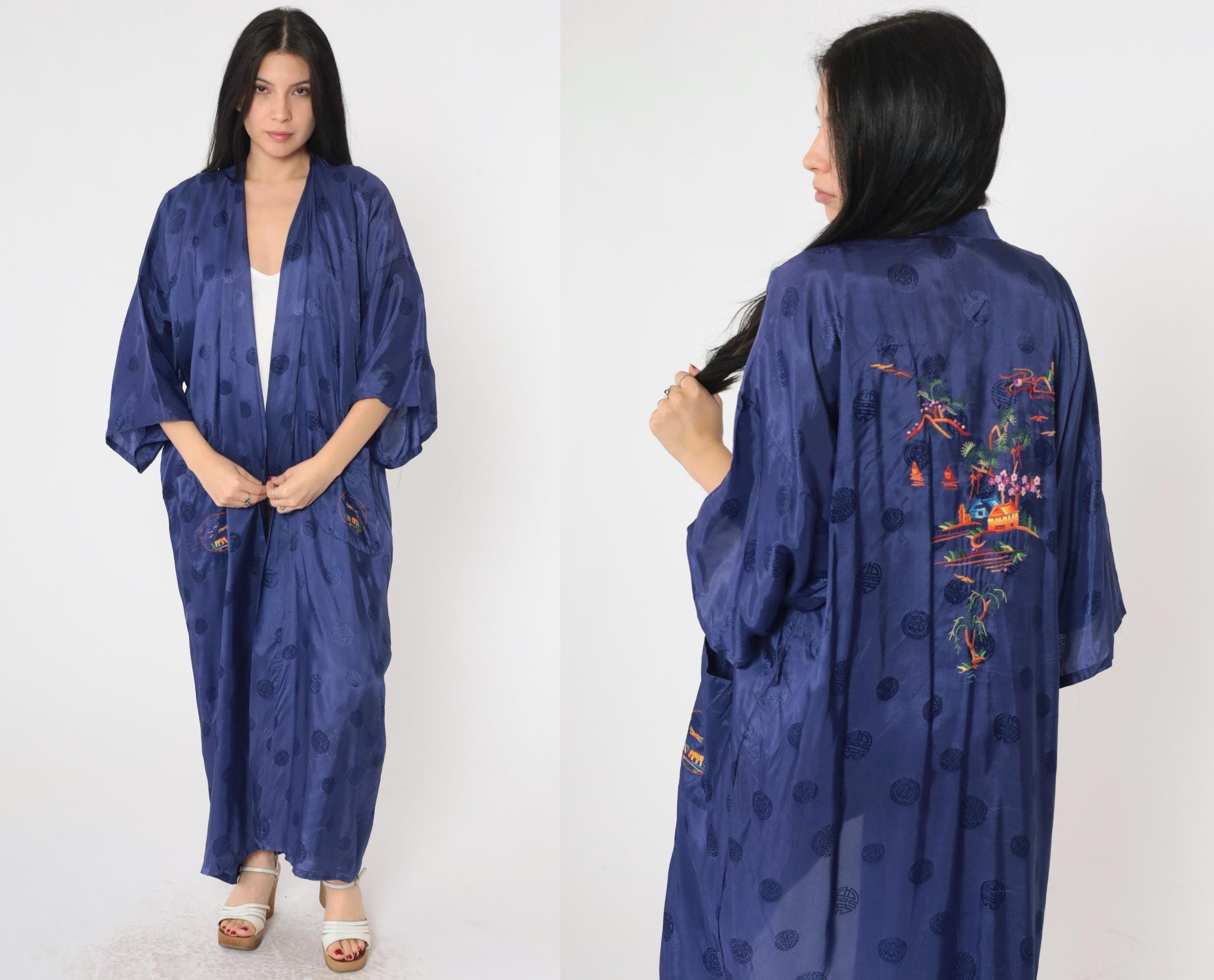 80s Dark Blue Embroidered Japanese Village Kimono Robe Maxi Wrap Extra Large