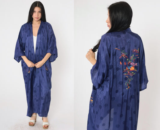 80s Dark Blue Embroidered Japanese Village Kimono Robe Maxi Wrap Extra Large