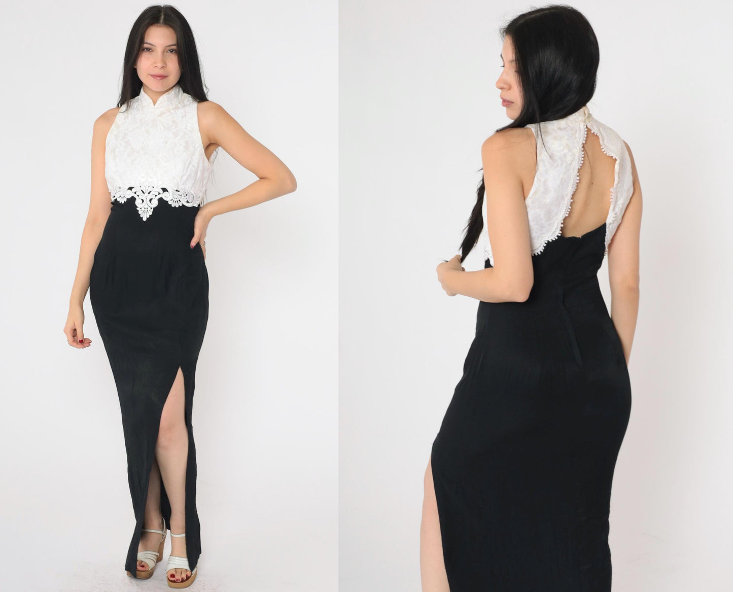 Jessica McClintock 80s Black White Lace Maxi Evening Dress Cutout Small