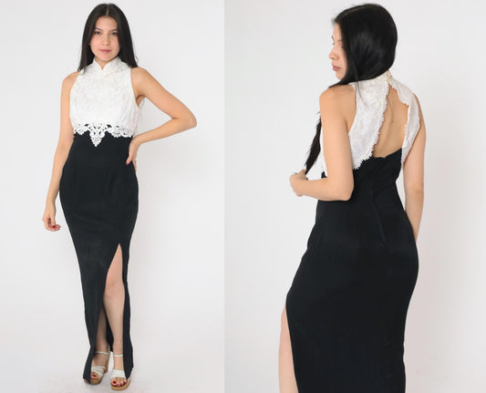 Jessica McClintock 80s Black White Lace Maxi Evening Dress Cutout Small