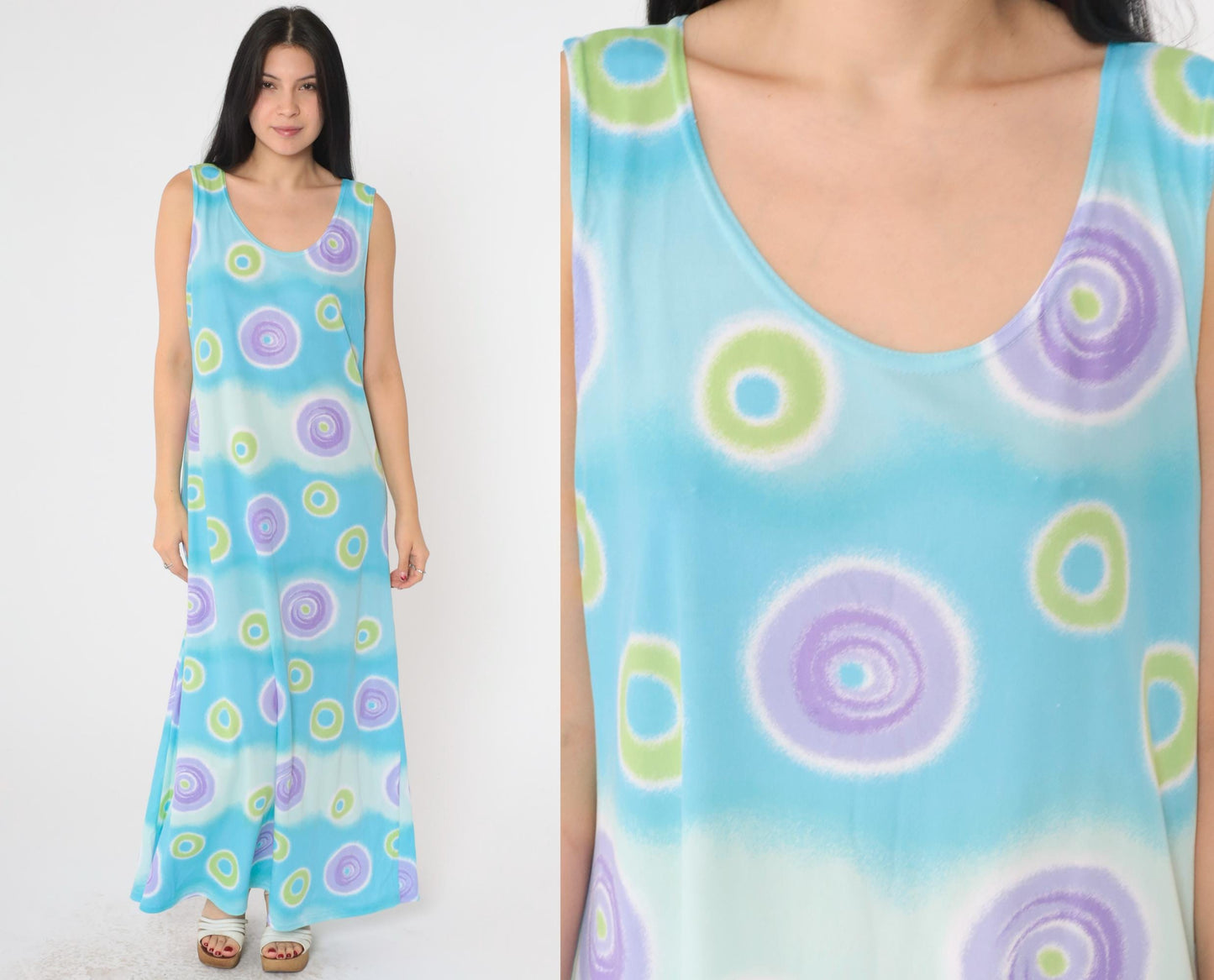 90s Blue Geometric Maxi Dress Sleeveless Shift Pullover Extra Large XXL