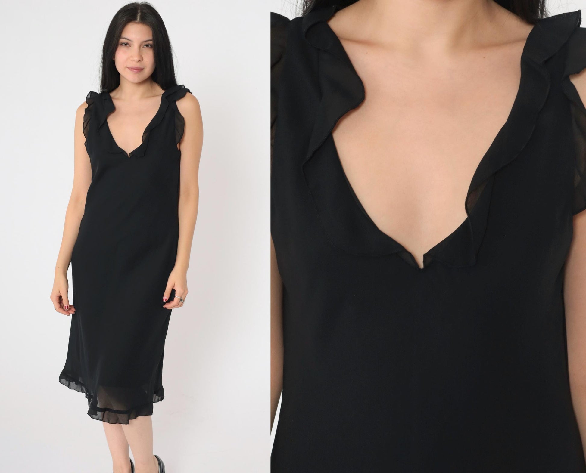90s Black Chiffon Midi Dress V Neck Ruffled Sleeveless Shift Medium