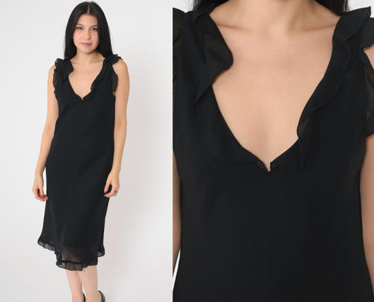 90s Black Chiffon Midi Dress V Neck Ruffled Sleeveless Shift Medium
