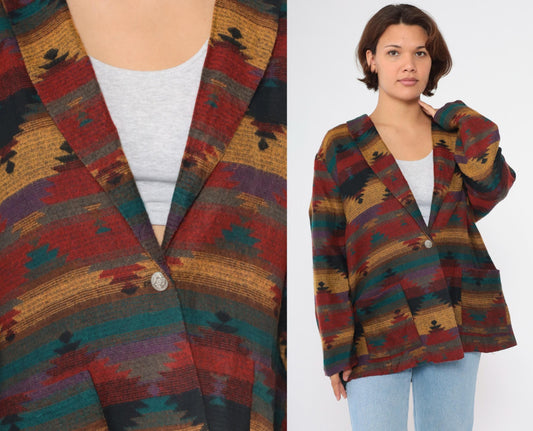 90s Southwestern Striped Blazer Red Yellow Blue Button Up Jacket Plus Size XXL