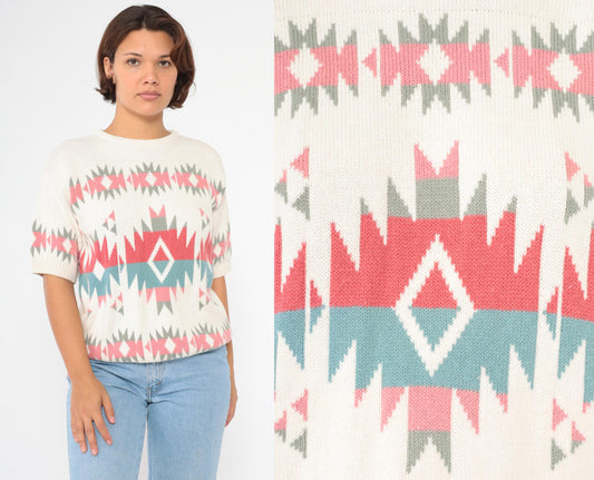 80s United Knitwear Southwestern Geometric Knit Top Off-White Coral Pink Blue Medium