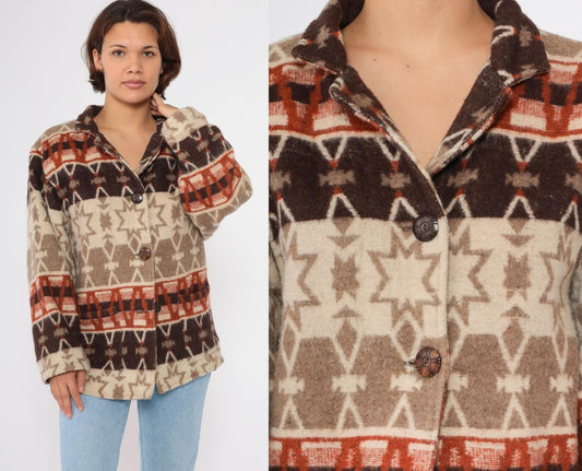 90s Flashback Wool Jacket Southwestern Geometric Star Print Button-Up Large