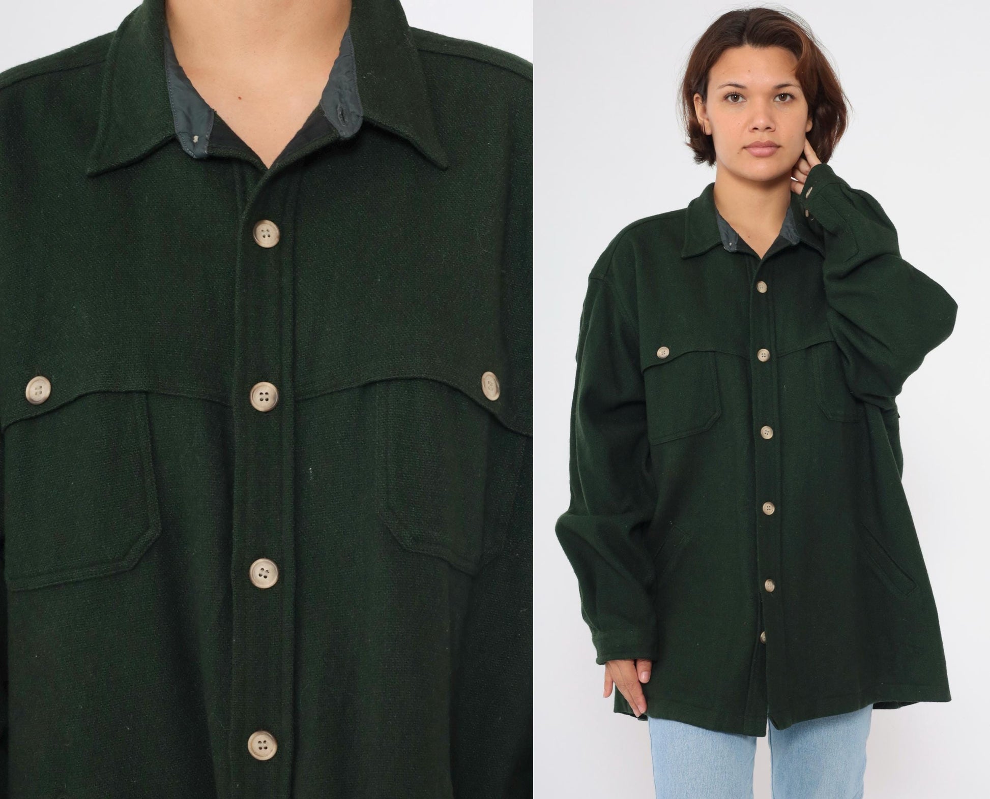 90s Woolrich Wool Shirt Jacket Forest Green Button Up Shacket Men's XXL