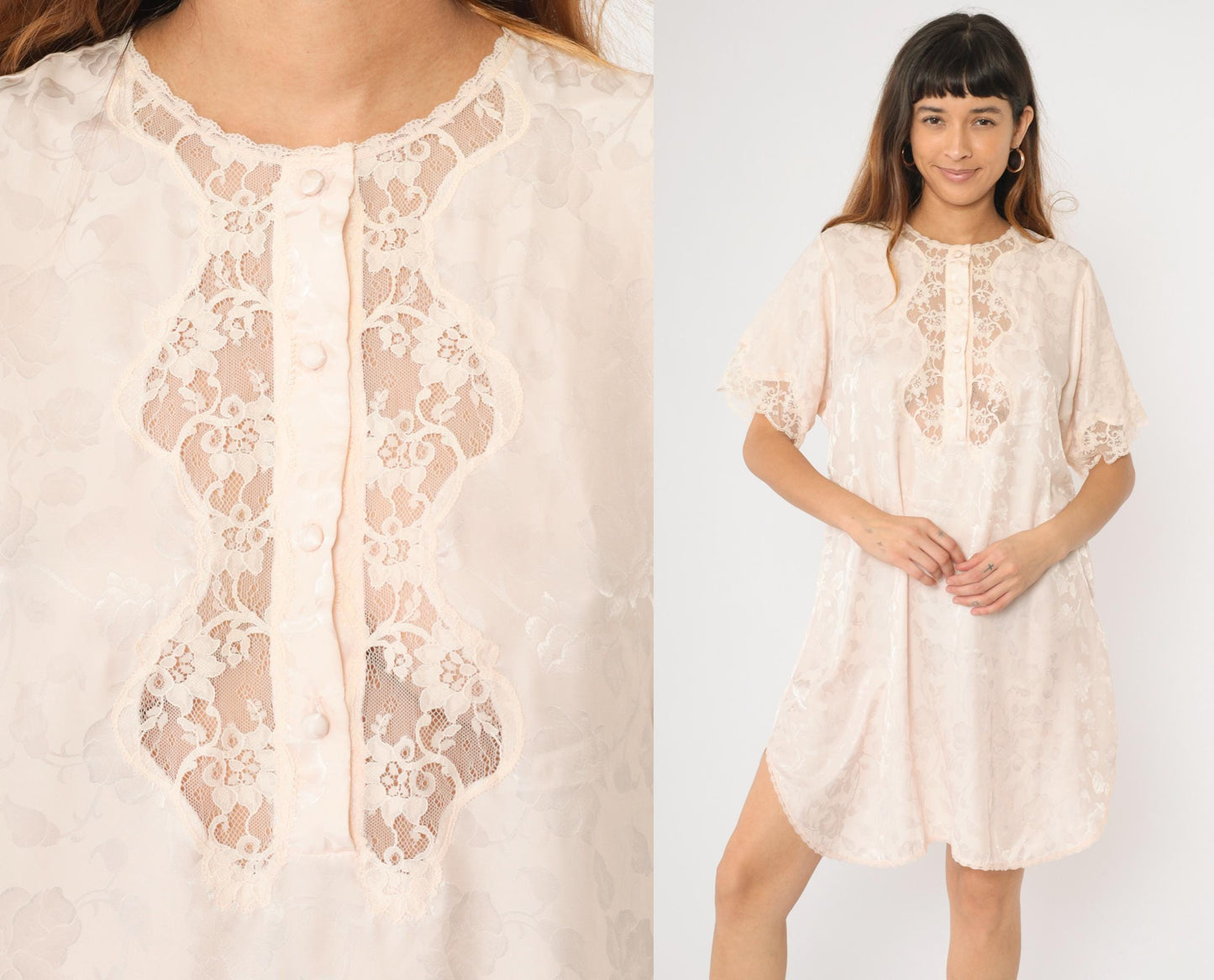 90s Barbizon Baby Pink Floral Embossed Nightgown Lace Trim Mini Large L