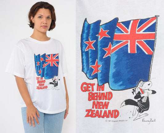1987 New Zealand Murray Ball Graphic T-Shirt White Rugby Large
