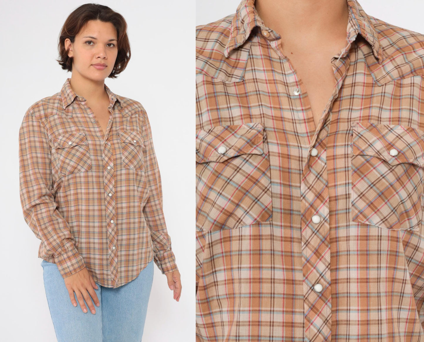 80s Dakota Western Pearl Snap Shirt Burnt Orange Tan Plaid Large