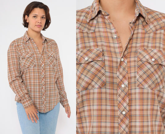 80s Dakota Western Pearl Snap Shirt Burnt Orange Tan Plaid Large