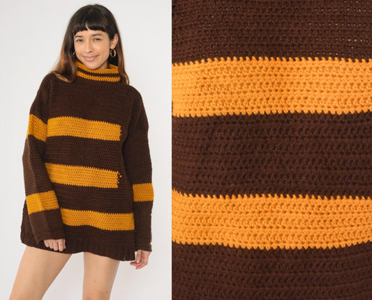 70s Striped Crochet Sweater Brown Mustard Mock Neck Pullover Extra Large