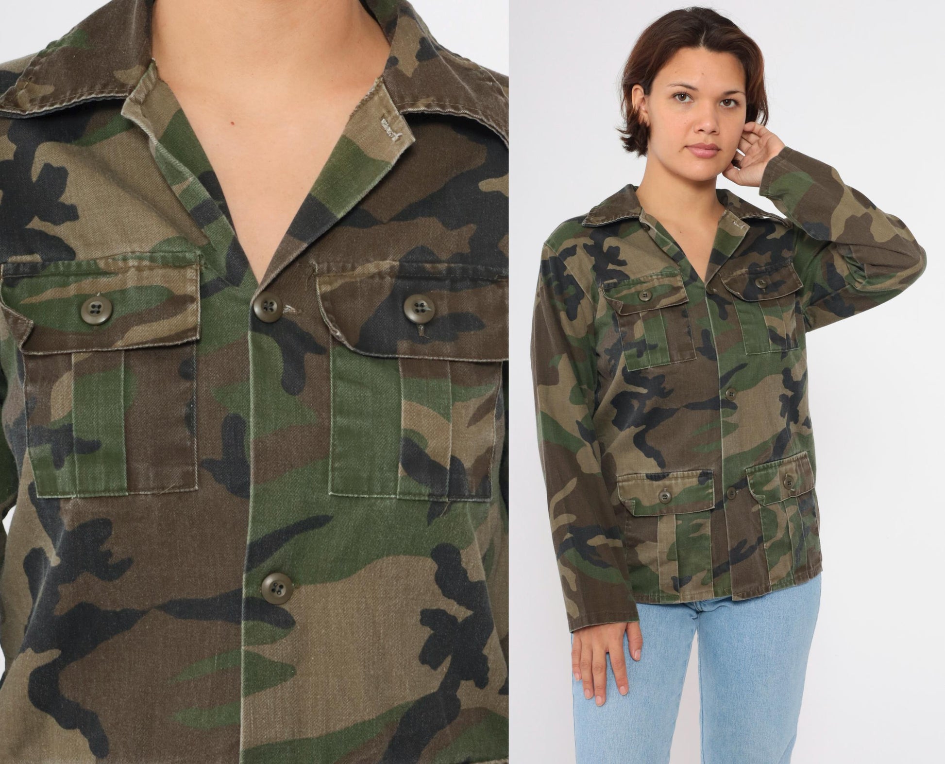 90s Army Camouflage Button-Up Shirt Green Cargo Pockets Small