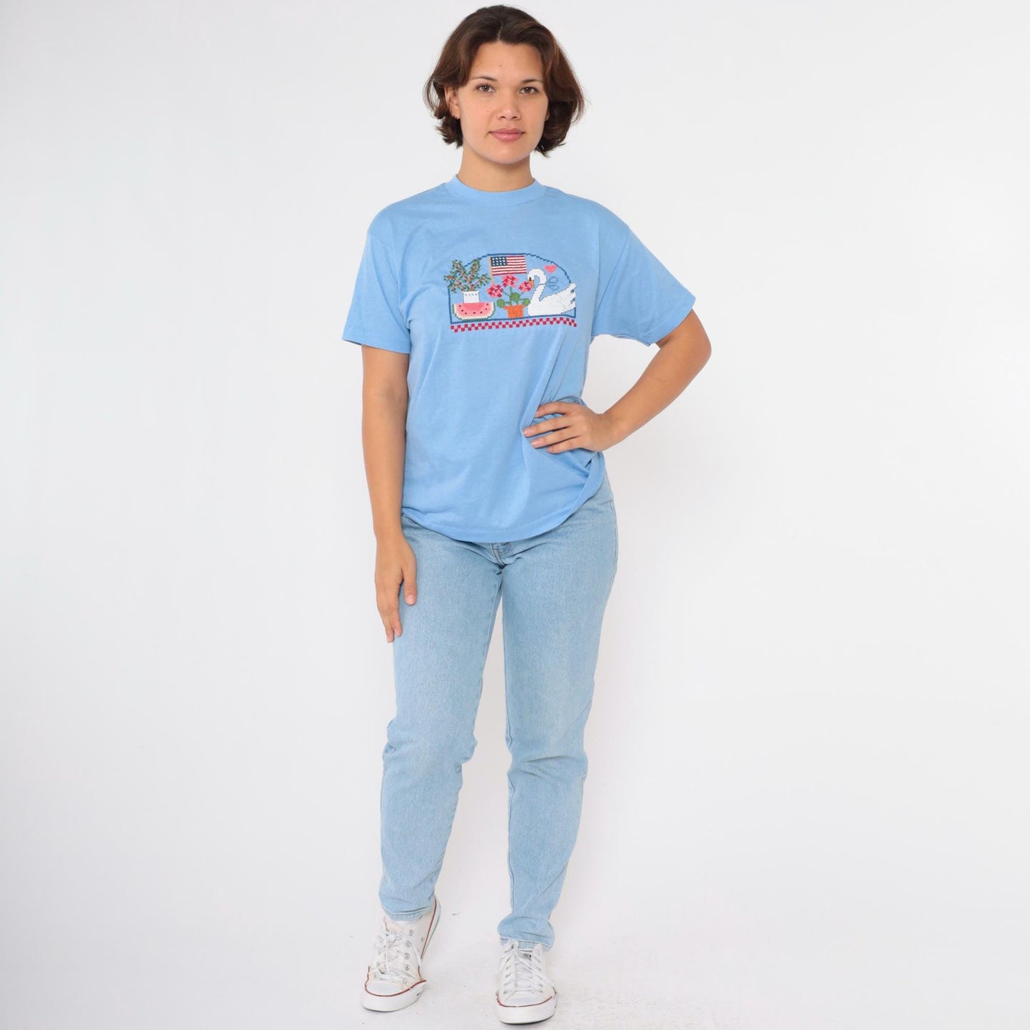 80s Screen Stars Embroidered Graphic Tee Swan Flag Watermelon Blue Medium