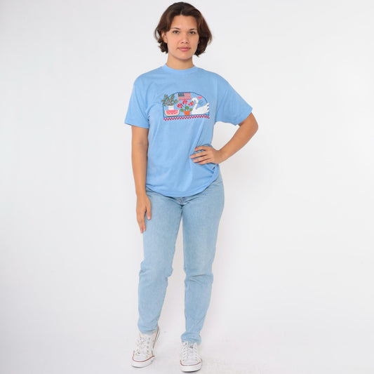 80s Screen Stars Embroidered Graphic Tee Swan Flag Watermelon Blue Medium