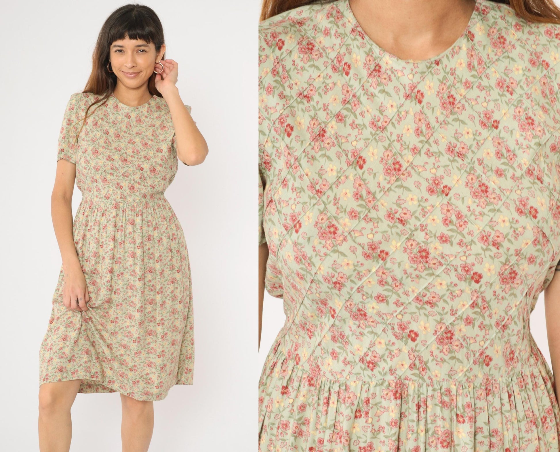90s Betsy Lauren Petites Floral Midi Dress Pastel Green Pink Pintuck Small