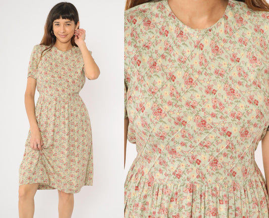 90s Betsy Lauren Petites Floral Midi Dress Pastel Green Pink Pintuck Small
