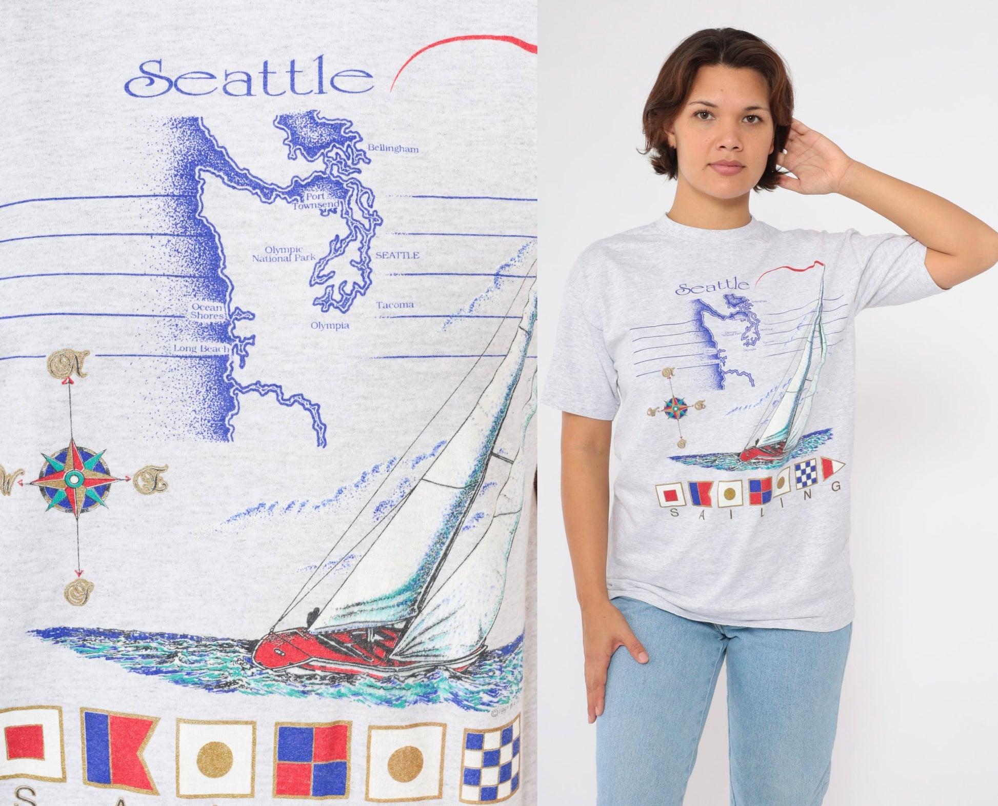 90s Seattle Sailing Graphic T-Shirt Sailboat Print Grey Cotton Medium