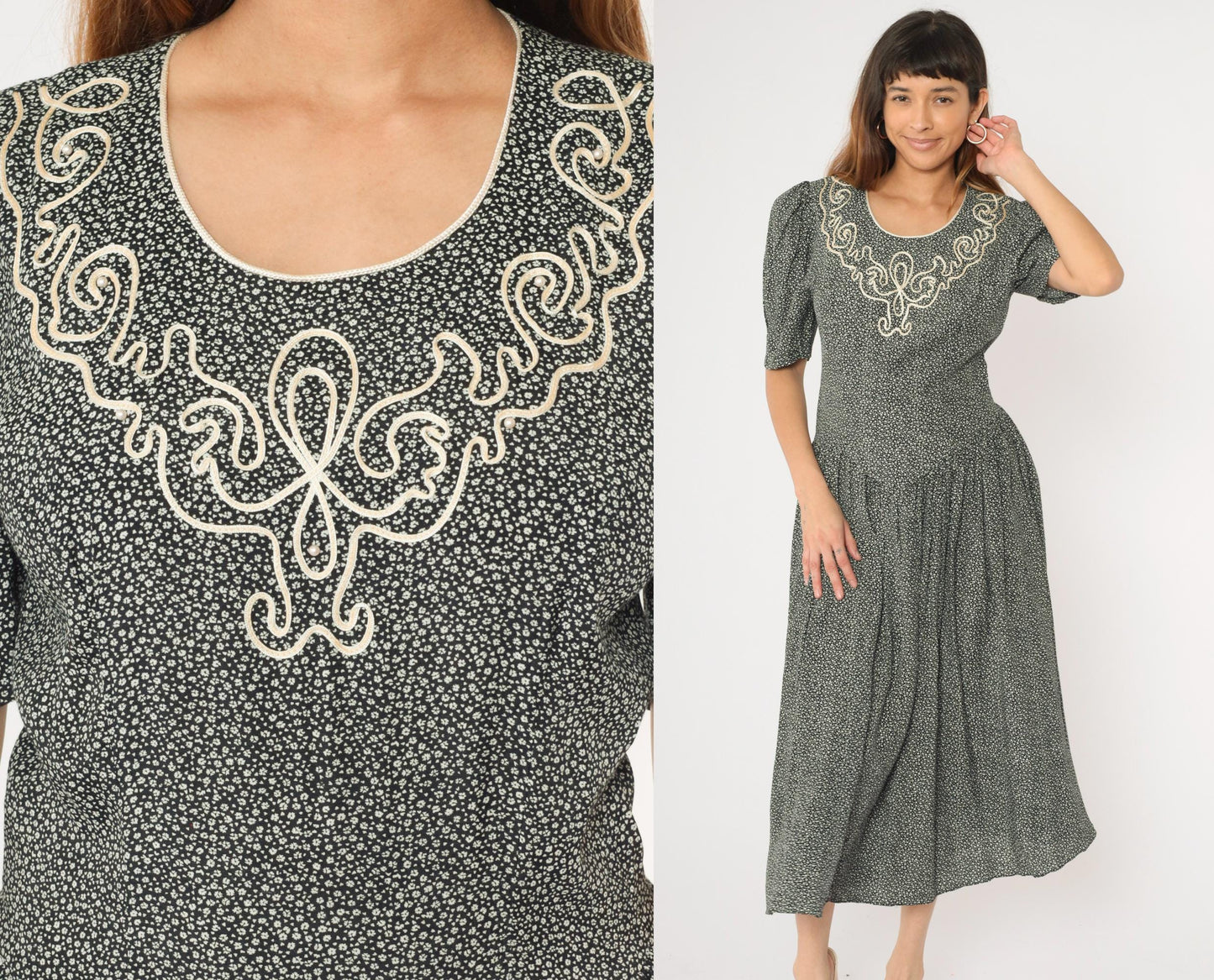 80s Floral Calico Dress Soutache Beaded Puff Sleeve Black White Midi Basque Waist Medium 8