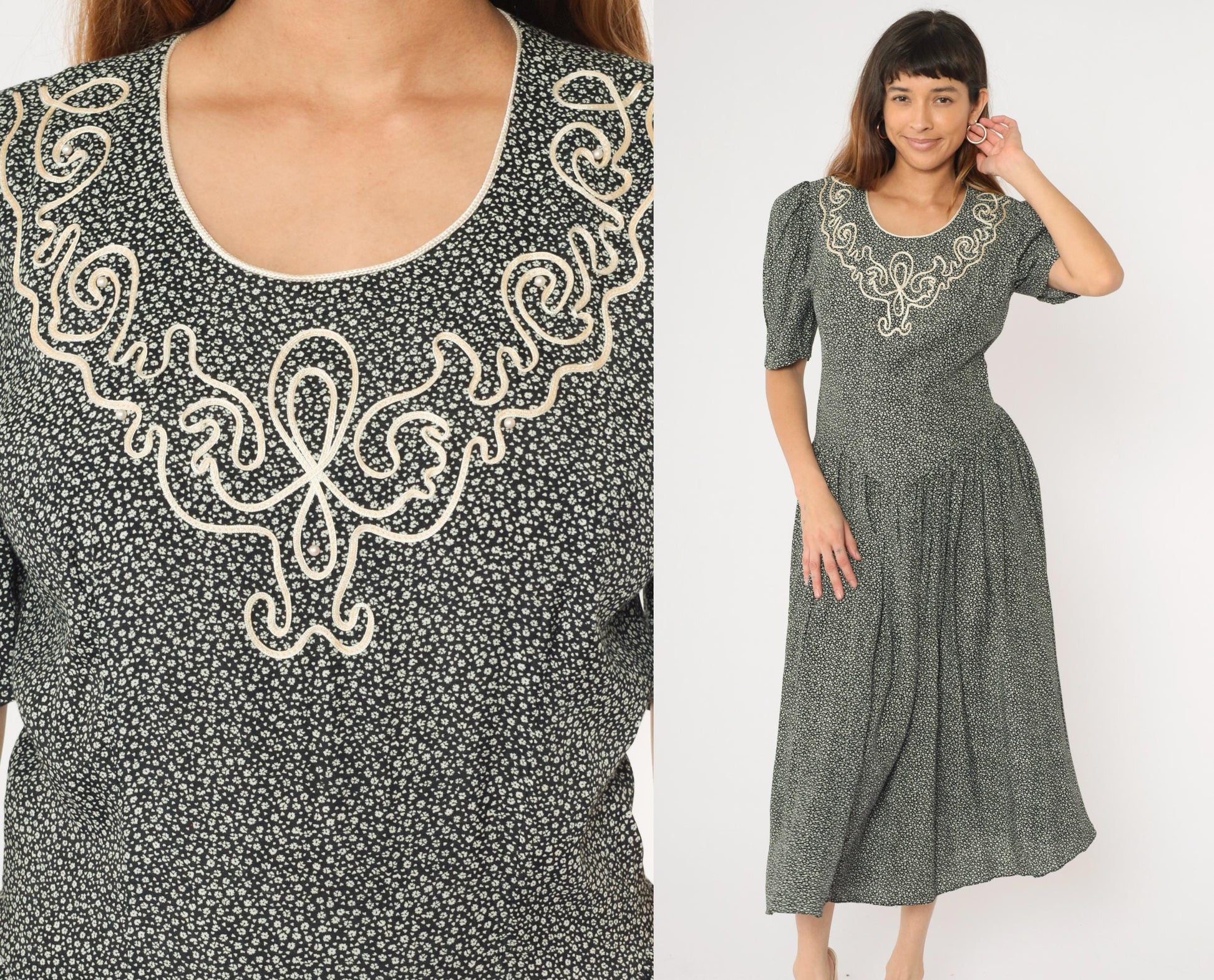 80s Floral Calico Dress Soutache Beaded Puff Sleeve Black White Midi Basque Waist Medium 8