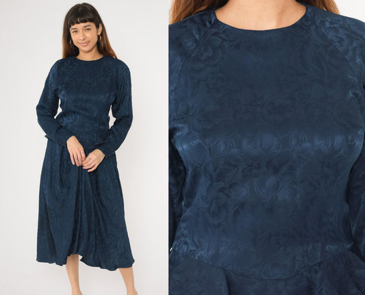 90s Argenti Navy Silk Midi Dress Floral Jacquard Peplum Raglan Medium M