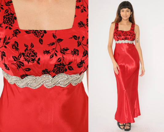 90s Be Smart Red Satin Maxi Gown Flocked Velvet Floral Beaded Empire Waist Small