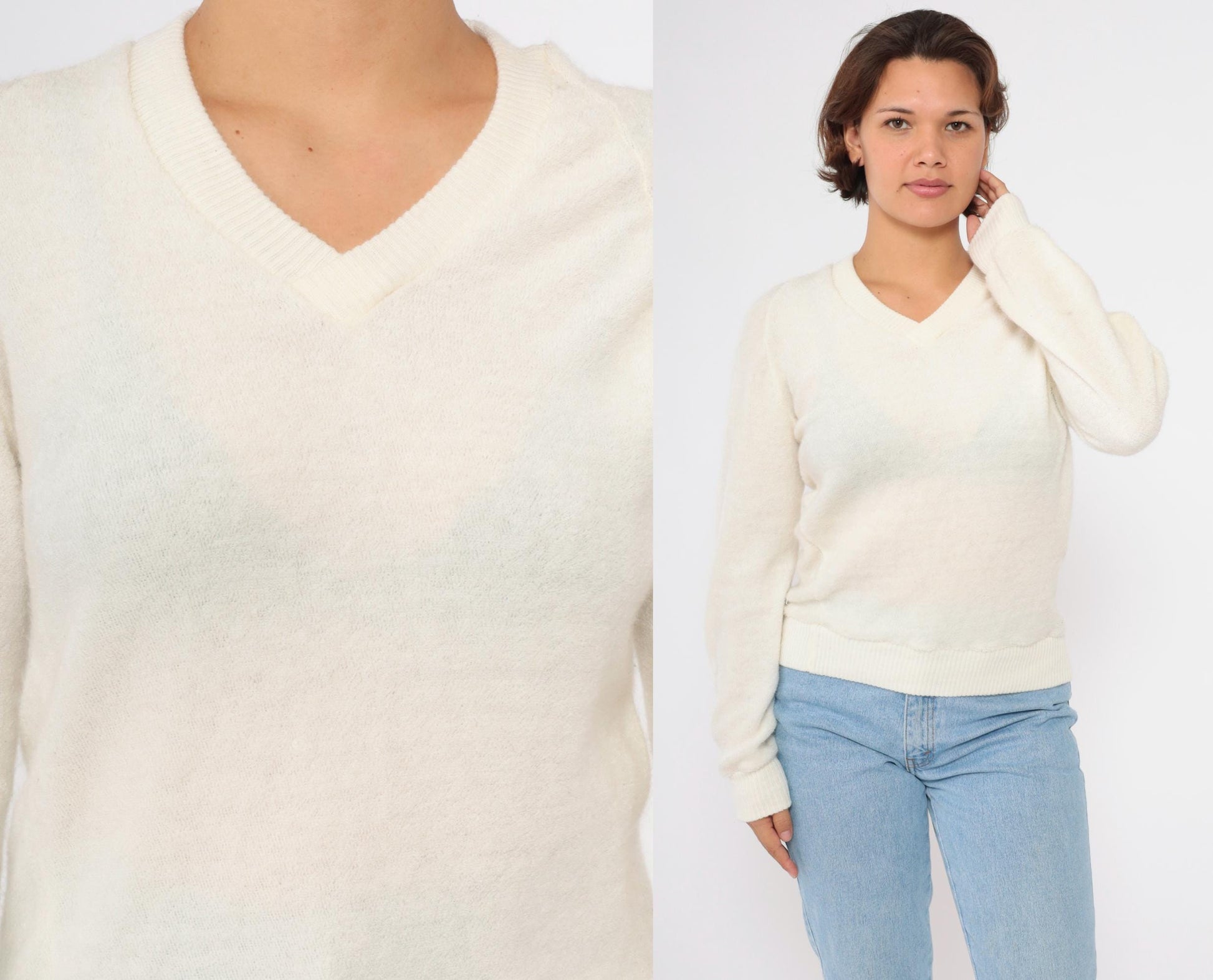 80s Terry Cloth V-Neck Sweatshirt Cream Raglan Sleeve Small
