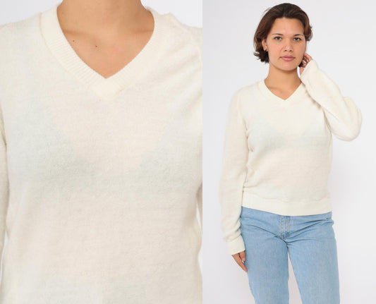 80s Terry Cloth V-Neck Sweatshirt Cream Raglan Sleeve Small